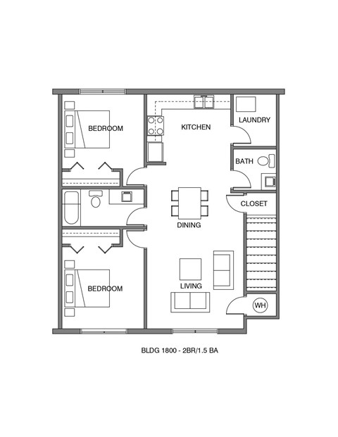 Floor plan for 2 beds, 1 bath, 752 sqft